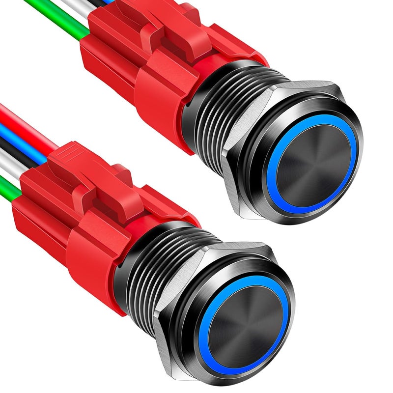 SARDVISA 2PCS 16mm Latching Push Button Switch, 12V DC On Off Self-Locking with Wire Socket Plug, Power Button Switch with LED Angel Eye Head for 0.63" Mounting Hole (Blue LED/Black Shell) - Image 1
